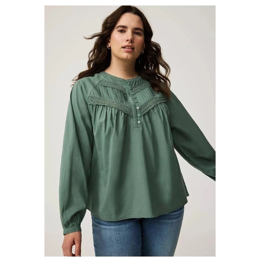 Torrid 3X Voile Relaxed Long Slv Cotton Blouse Green Lace pleated neck Dainty